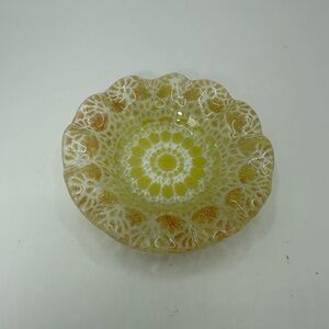 Vintage Sydenstricker Fused Art Glass Orange & Yellow Lace Bowl Ruffles. Signed.